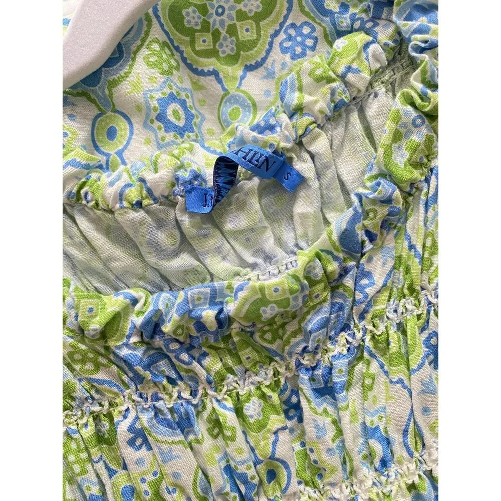 J. McLaughlin Ciri Smocked Sleeveless Midi Dress Linen Cotton Green Blue Print S - Picture 7 of 10